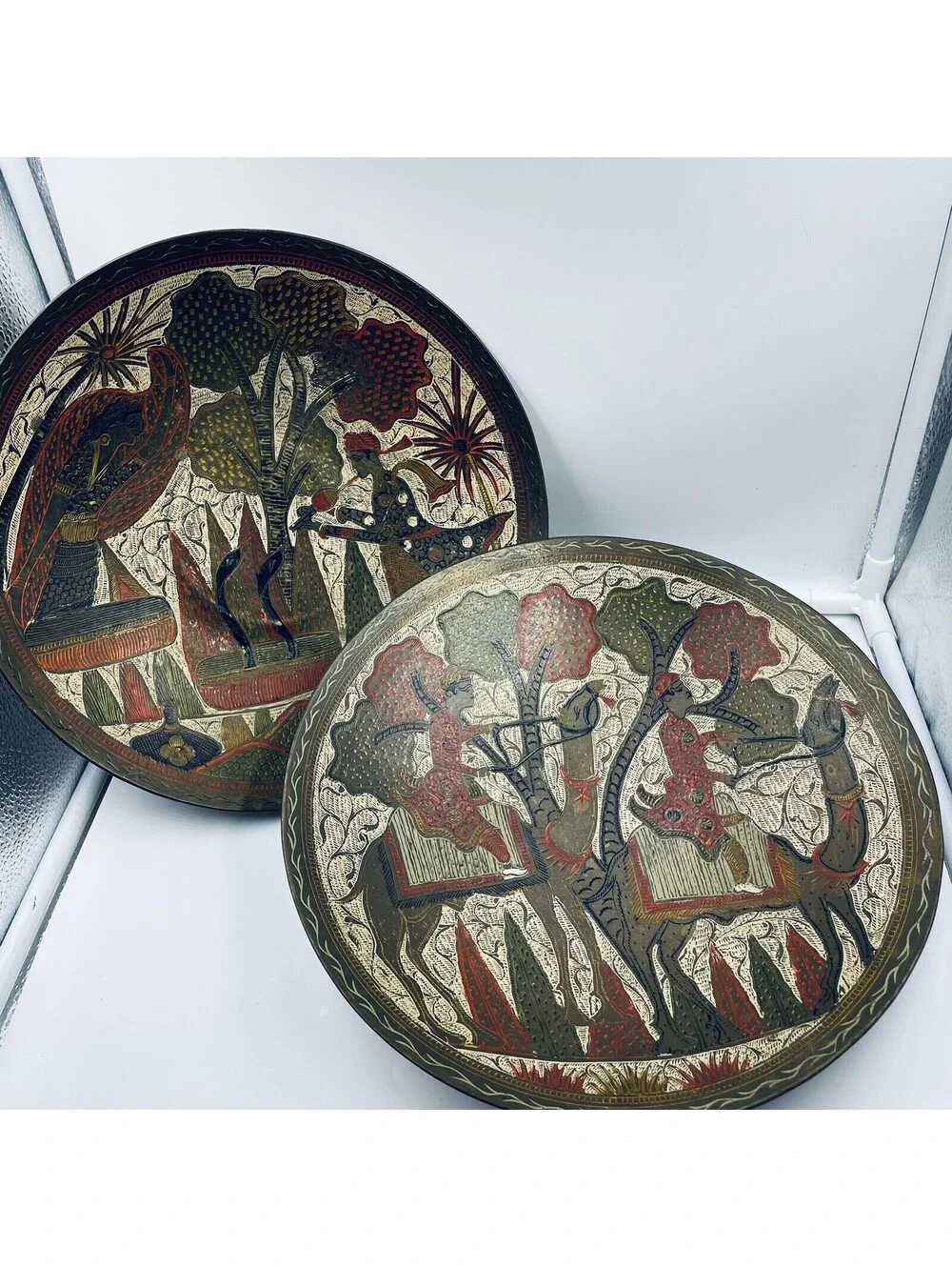 Vtg 11” Indian Hand Painted Brass Wall Charger Plates Camel Snake Boho Decor 2pc